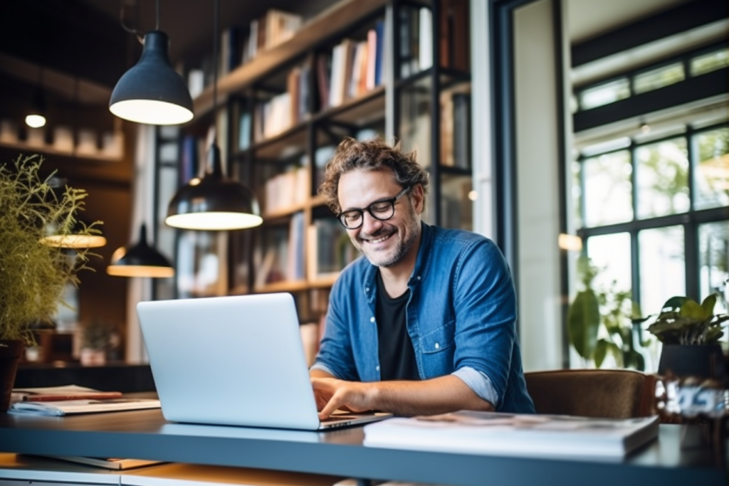 Author working on a laptop in a bookshop