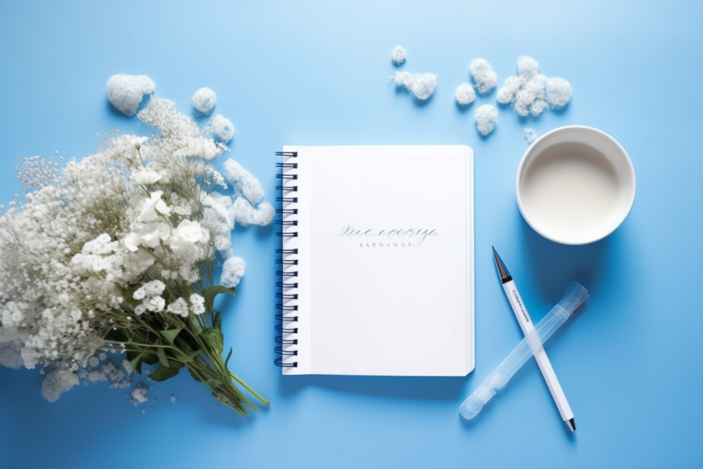 Notebook, pen and white flowers on a blue desk