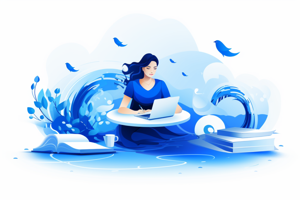 Illustration of a writer working among blue waves and books